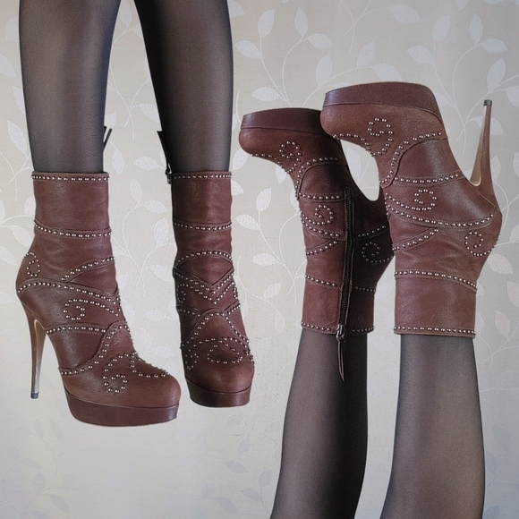 Miu Miu Y2K Platform Stiletto Boots - Studded Brown Ankle Heels 37 Designer - Picture 1 of 15